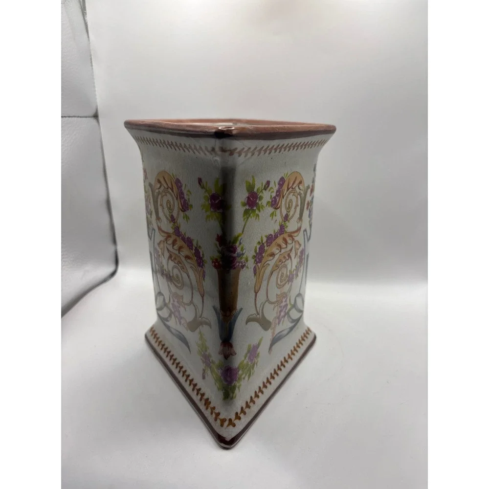 Vintage French Floral Ceramic Diamond Planter Vase Crackle Glaze Shabby Chic